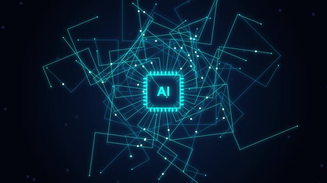 Digital technology microprocessor chip with glowing circuit lines and connected nodes in dark space