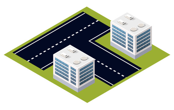 Isometric city block with buildings and road intersection
