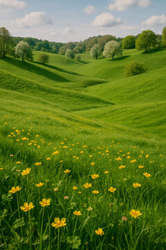 Rolling green meadow hills dotted with small yellow wildflowers