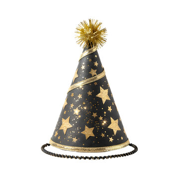 A festive black party hat adorned with sparkling gold glitter stars and a shimmering gold tinsel pompom, featuring a decorative gold ribbon and a black elastic chin strap, isolated on white, perfect f