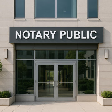 Notary public office sign above symmetrical stone entrance with planters