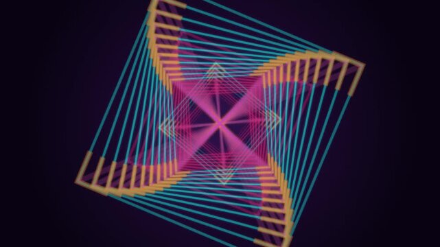 Neon tunnel animation with glowing geometric shapes rotating against a dark background in 4K