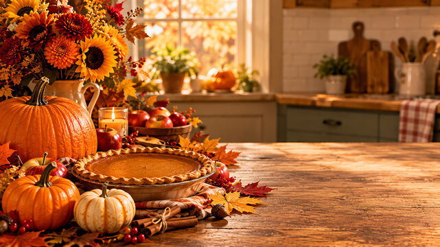 Warm autumn still life with pumpkin pie and fall decorations on wooden table