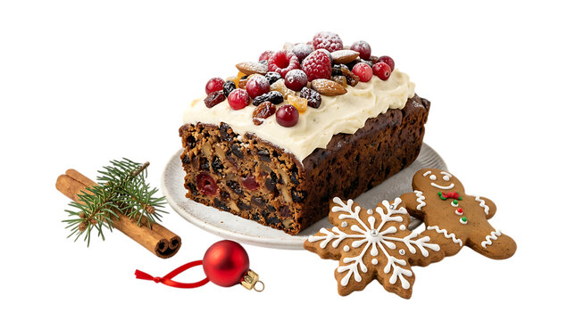 A delightful christmas fruitcake adorned with berries and icing accompanied by festive gingerbread cookies