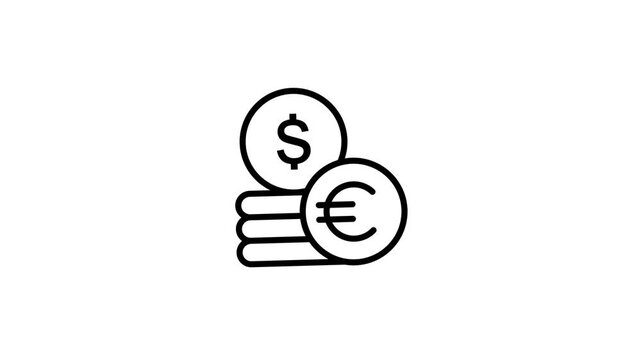 Minimalist Black Line Coin Currency Icon Showing Dollar and Euro Money Symbols on White Background.