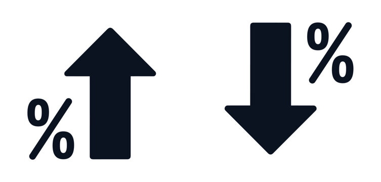 Conceptual illustration showing a dark blue arrow pointing upwards with a percentage sign next to it and another arrow pointing downwards with a percentage sign beside it on a white background