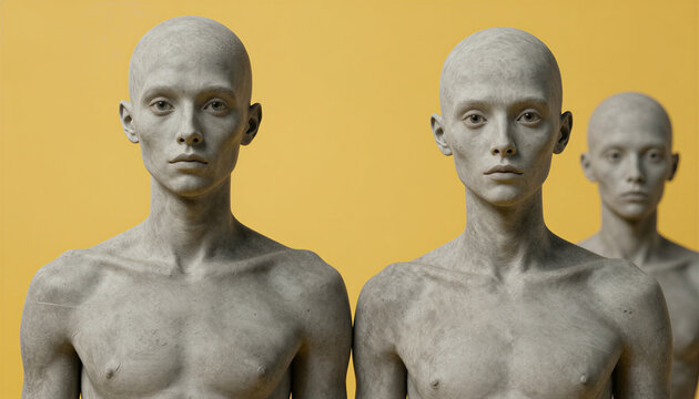 Three bald expressionless digital humanoids on yellow background