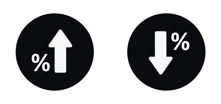 Pair of graphic icons depicting opposite percentage arrows showing growth and decline in isolated circular frames