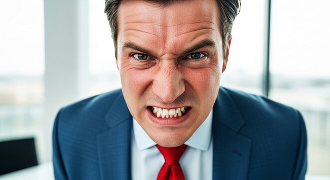 Close-up of an angry businessman showing teeth, symbolizing stress, aggression, and negative emotion in a professional environment.