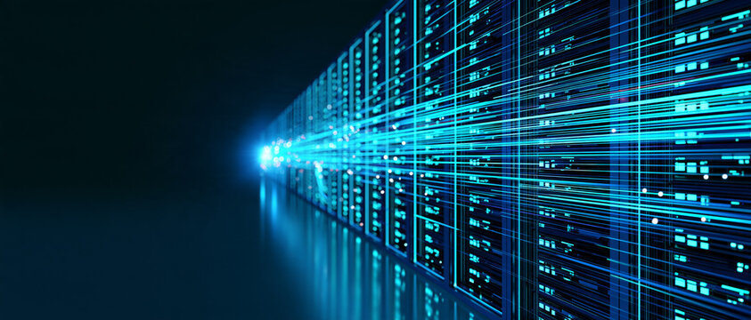 Futuristic data center corridor with two rows of glowing server racks and streaming light. Cloud infrastructure technology banner with a dark mirror floor and copy space left.