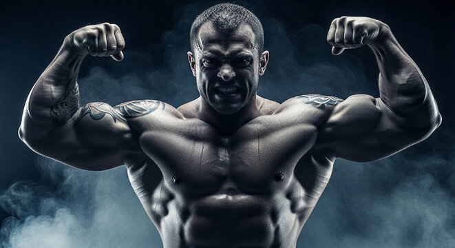 Muscular man flexing arms with tattoos, showing powerful physique and intense expression against smoky dark background, symbolizing strength and determination