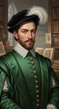Portrait of a man in historical green attire, black hat with feather, and ornate collar, set against a library background symbolizing wisdom and knowledge.