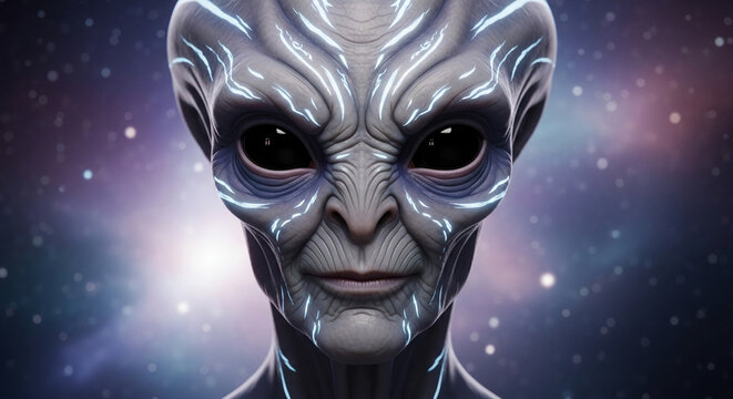 Close-up of an alien face with glowing blue markings, set against a cosmic background of stars and nebulae, symbolizing extraterrestrial life and the unknown.