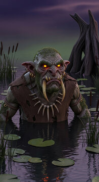 A swamp creature with glowing eyes and tusks emerges from dark water, surrounded by reeds and lily pads, symbolizing fantasy and the macabre.