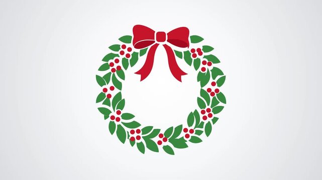Christmas wreath with red bow and holly berries on a light gray background