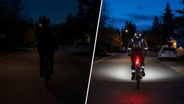 Unlit suburban bike and visible night street ride