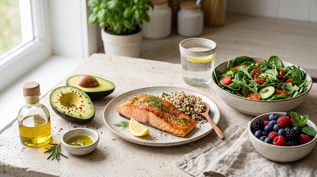 Healthy fat-conscious diet concept with salmon, leafy greens, berries, avocado, and salad  