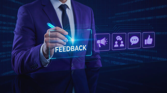 Businessman in suit holding stylus pen pointing at virtual feedback interface box on dark background