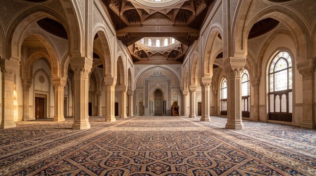 Empty mosque prayer hall interior with ornate arches and geometric carpet