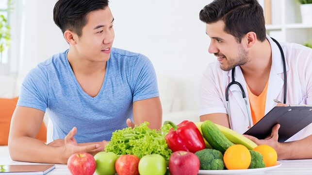 A dietitian explains balanced nutrition to a young man using fresh fruits and vegetables. This modern consultation highlights evidence-based healthcare and healthy lifestyle choices.