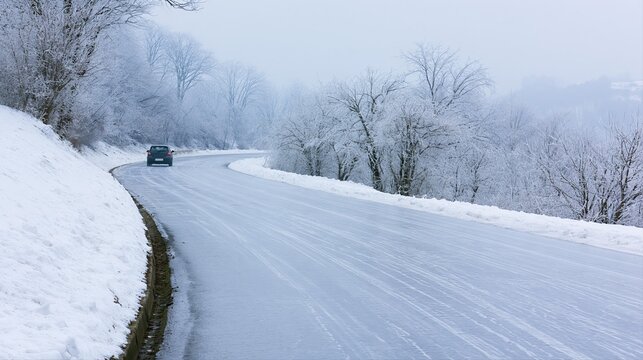 A modern car navigates a slippery mountain road coated in transparent ice. Frost-covered trees and snowbanks frame the reflective, curved asphalt on a cold winter day.