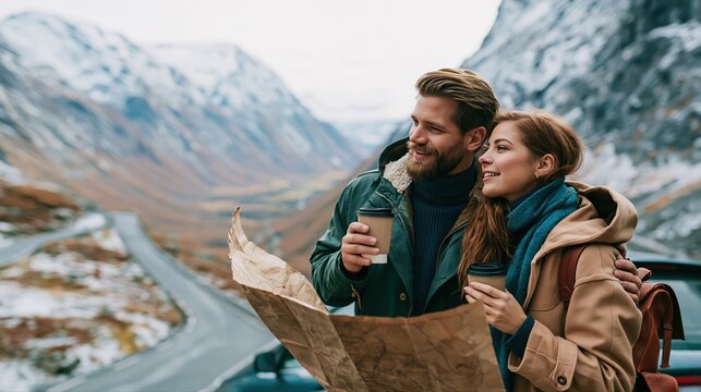A couple on a winter road trip stands by their SUV, consulting a paper map at a stunning snowy mountain viewpoint. Practical coats and travel mugs hint at adventure and exploration.