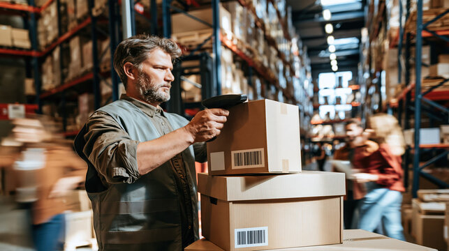 An older warehouse employee scans parcels in a busy ecommerce fulfillment center. Deep shelving and bright lighting highlight efficient logistics operations.