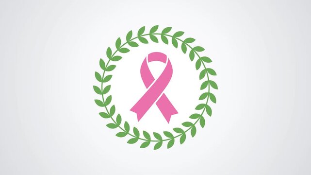 Pink Breast Cancer Awareness Ribbon Surrounded by Green Laurel Wreath on Light Gray Background