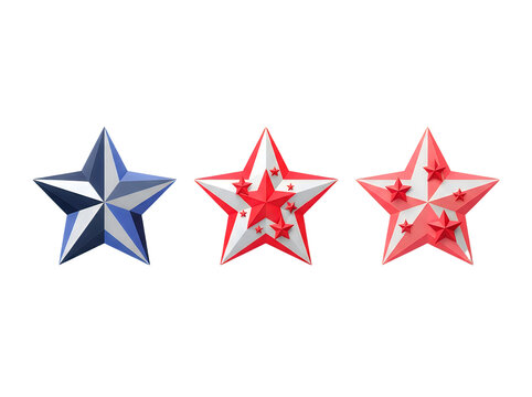 Three colorful five pointed stars with varying designs isolated on transparent background