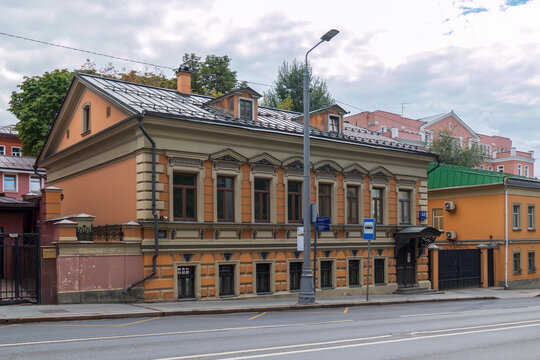 Historic nineteenth century house of city estate of Konstantinova facade architecture on Nikoloyamskaya street Moscow Russia