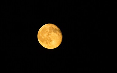 A detailed close-up shot of a glowing orange full moon captured against a pitch-black night sky, showcasing surface craters and atmospheric coloration. © selim