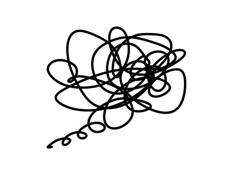 Tangled hand drawn scribble thought cloud with spiral line isolated on transparent background. Mental chaos, confusion, complex ideas, anxiety, brain storming, and problem solving.