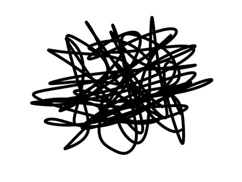 Hand drawn black tangle scribble with energetic intersecting sharp lines on transparent background. Anger, stress, panic, mental overload, conflict, brain chaos, and difficulty.