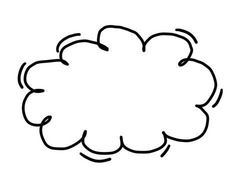 Hand drawn fluffy cloud speech bubble frame with motion lines on transparent background. Black outline art element representing thought, idea, dream, comic callout, dialogue box, and text frame. 