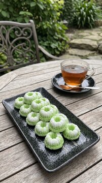 Green traditional mini bundt cakes or putu ayu served with a cup of warm tea