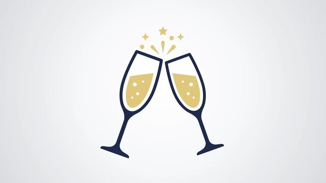 Two champagne glasses clinking together with celebratory stars and bubbles