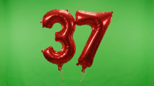 Red number 37 balloons floating away on green screen