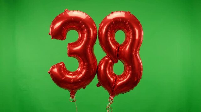 Red Foil Number 38 Balloons Floating on Green Screen