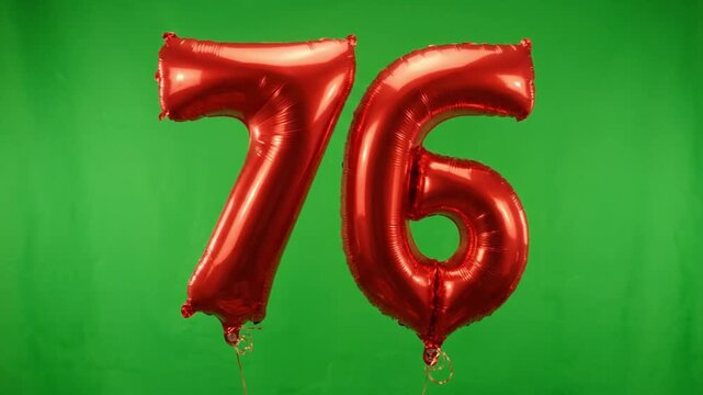 Red Foil Number 76 Balloons Floating on Green Screen