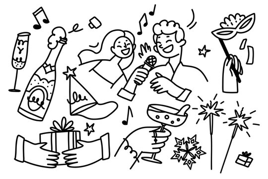 Large hand drawn party celebration composition with people making a toast, champagne, gifts, party hats, sparklers, balloons, confetti and festive decorations