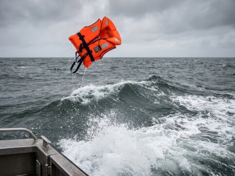 PFD Floating at Sea with Rough Waves and Storm Sky
