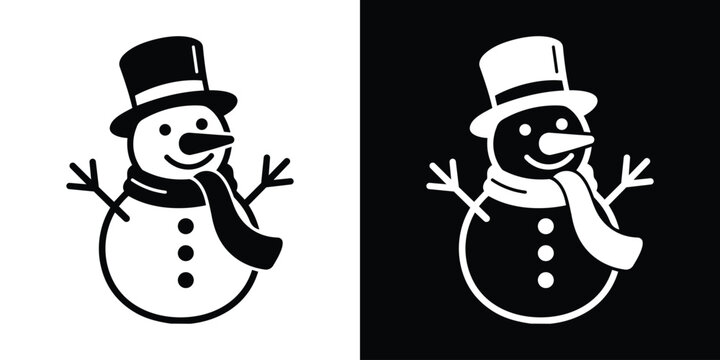 Cute snowman wearing a Santa hat and scarf icon set, available in black and white minimalist style for winter holiday vector designs.   
