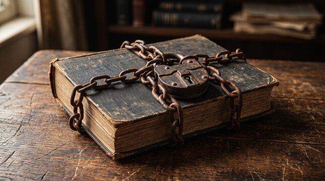 Heavy rusted chains and metal padlock securely binding an old hardcover book on wooden table surface