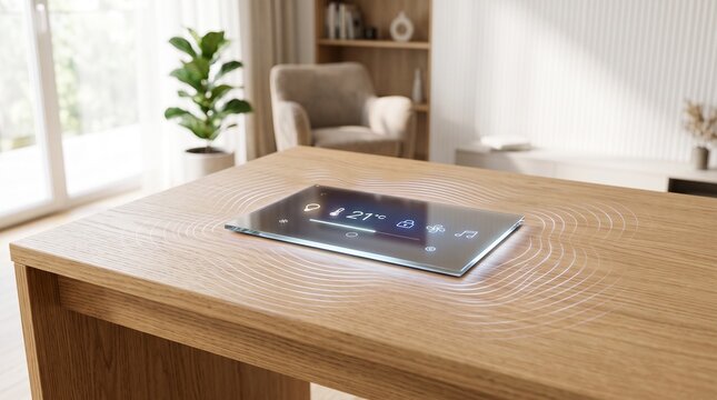 Sleek glass smart home control panel displaying temperature settings and connected device icons resting upon wooden table