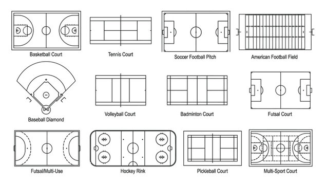 Sports court and field thin line icons, basketball, tennis, soccer, football, baseball, volleyball and pickleball layouts for recreation facility planning