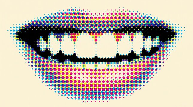 A close-up, halftone-style illustration of a wide, smiling mouth with perfect white teeth against a pale yellow background.