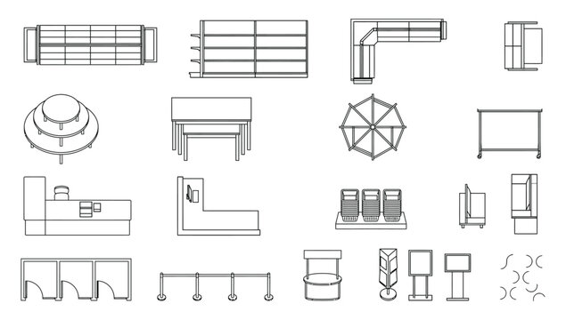 Top view retail store planning vector set. Thin line shop fixture icons for shelves, racks, counters and display units for retail layout, CAD plans, supermarket and mall design