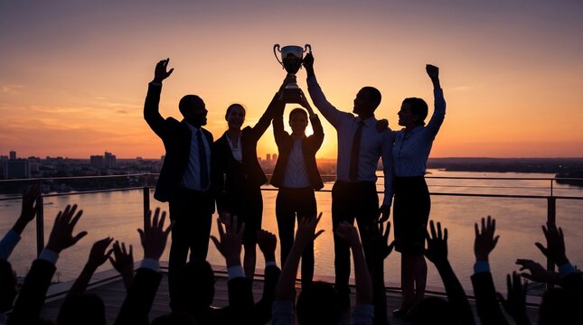 Silhouette of a diverse business team celebrating a victory, holding a trophy aloft against a vibrant sunset sky.