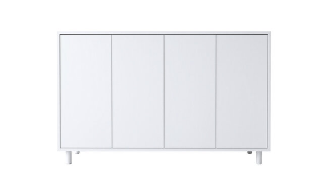 Modern white storage cabinet with four doors on transparent background
