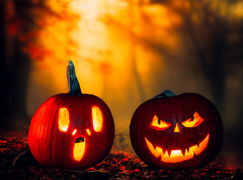 halloween background with jack'o'lanterns in the night